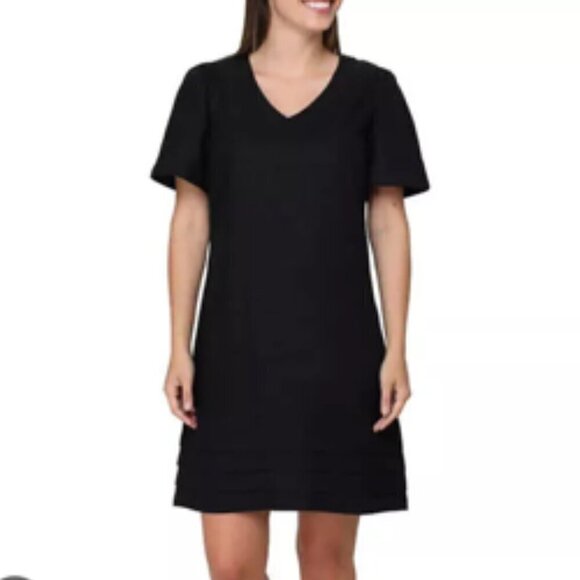 NWT NICOLE MILLER Original Black Linen Short Sleeve VNeck Dress Medium - Picture 1 of 16
